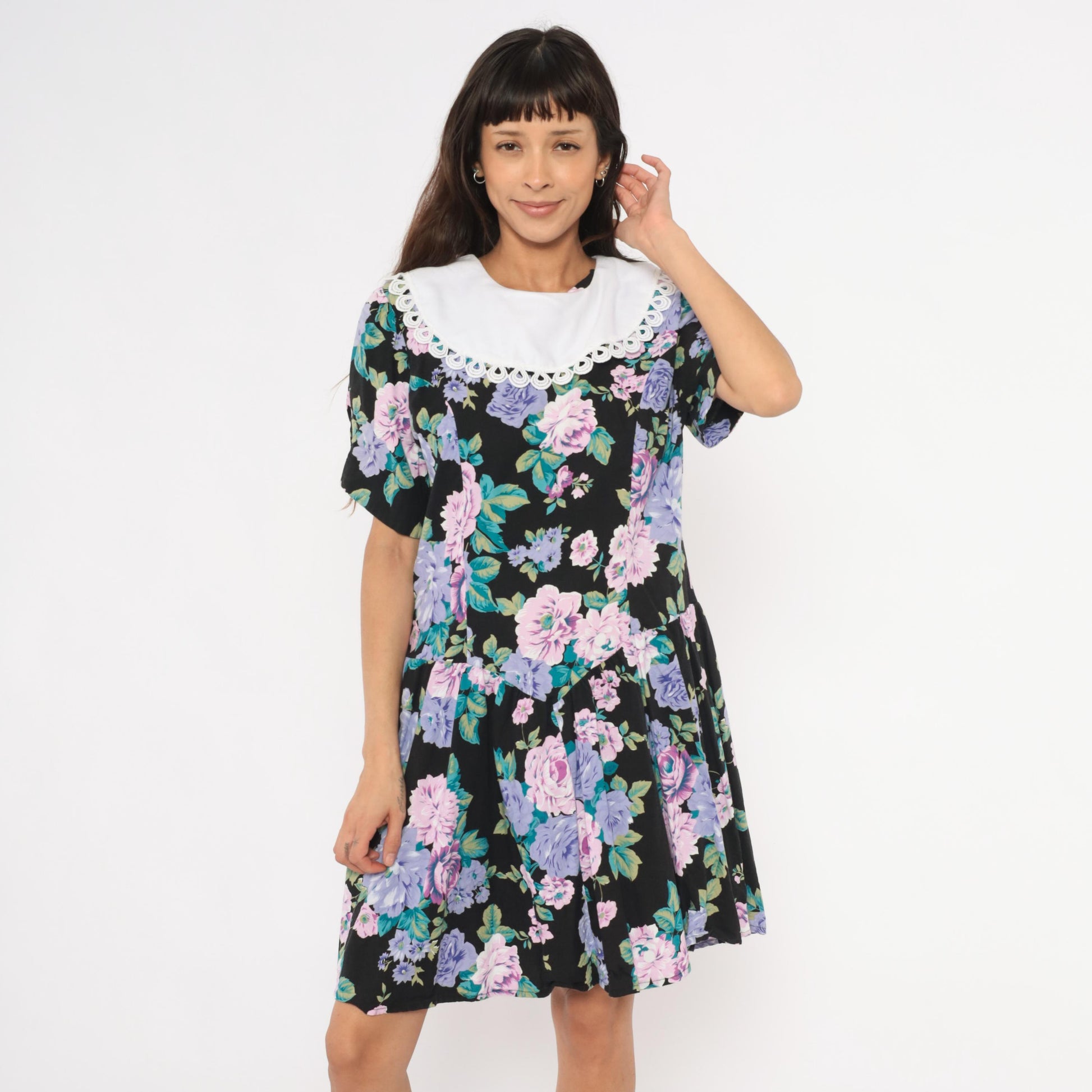 90s Ms. Basia California Floral Drop Waist Dress Black Rose Print Knee Length Large