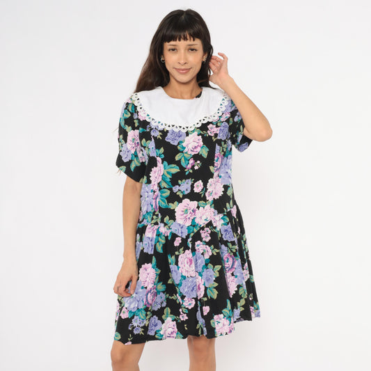 90s Ms. Basia California Floral Drop Waist Dress Black Rose Print Knee Length Large
