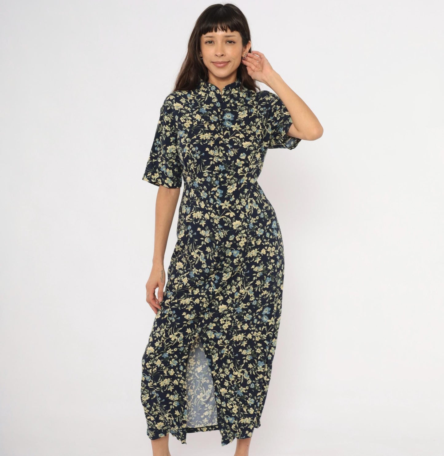 90s Express Navy Floral Maxi Dress Mandarin Collar Button Front Medium M