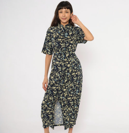 90s Express Navy Floral Maxi Dress Mandarin Collar Button Front Medium M