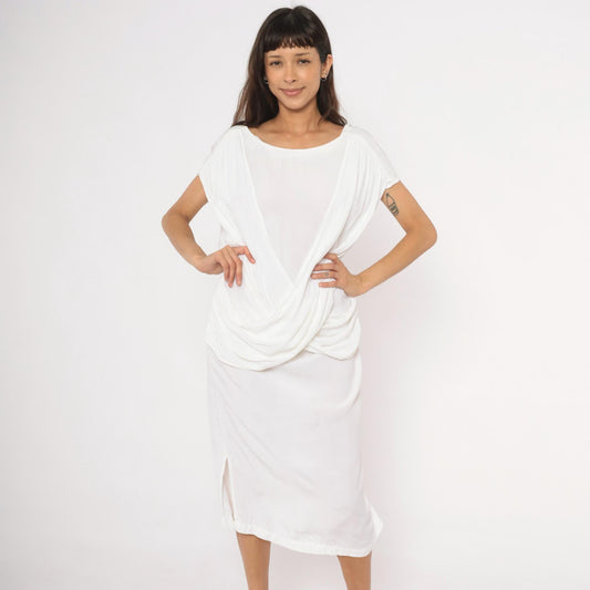 80s Police File White Grecian Midi Dress Cowl Drape Low Back Large L