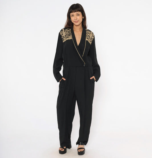 80s John Roberts Black Jumpsuit Gold Embroidered Shawl Collar Wide Leg Large L