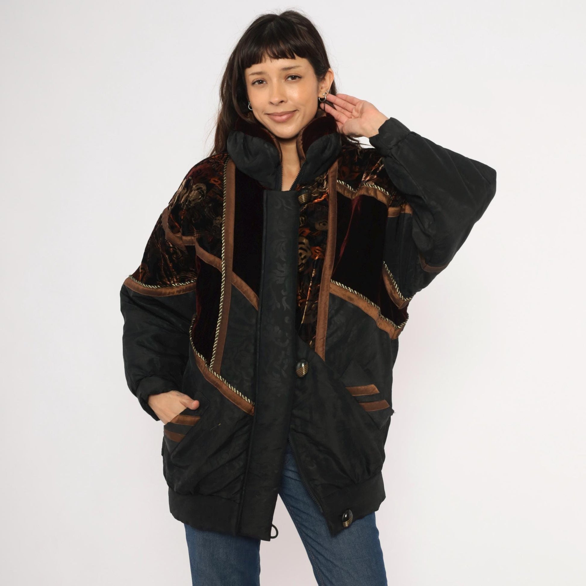 90s Frozen Dreams Velvet Patchwork Puffer Jacket Black Burgundy Extra Small