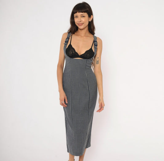 90s Rampage Navy Grey Pinstripe Midi Dress Fitted Sleeveless Small S