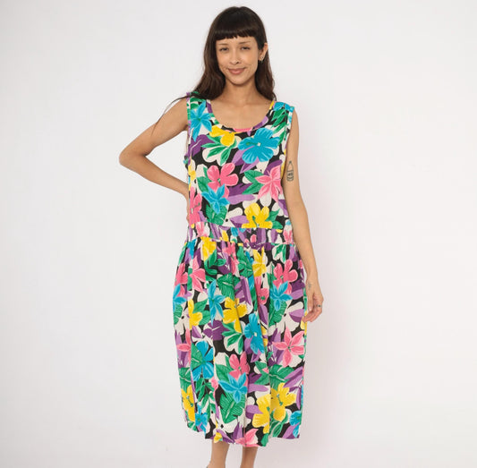90s Tumbleweeds Tropical Hibiscus Midi Sundress Cotton Scoop Neck Large L
