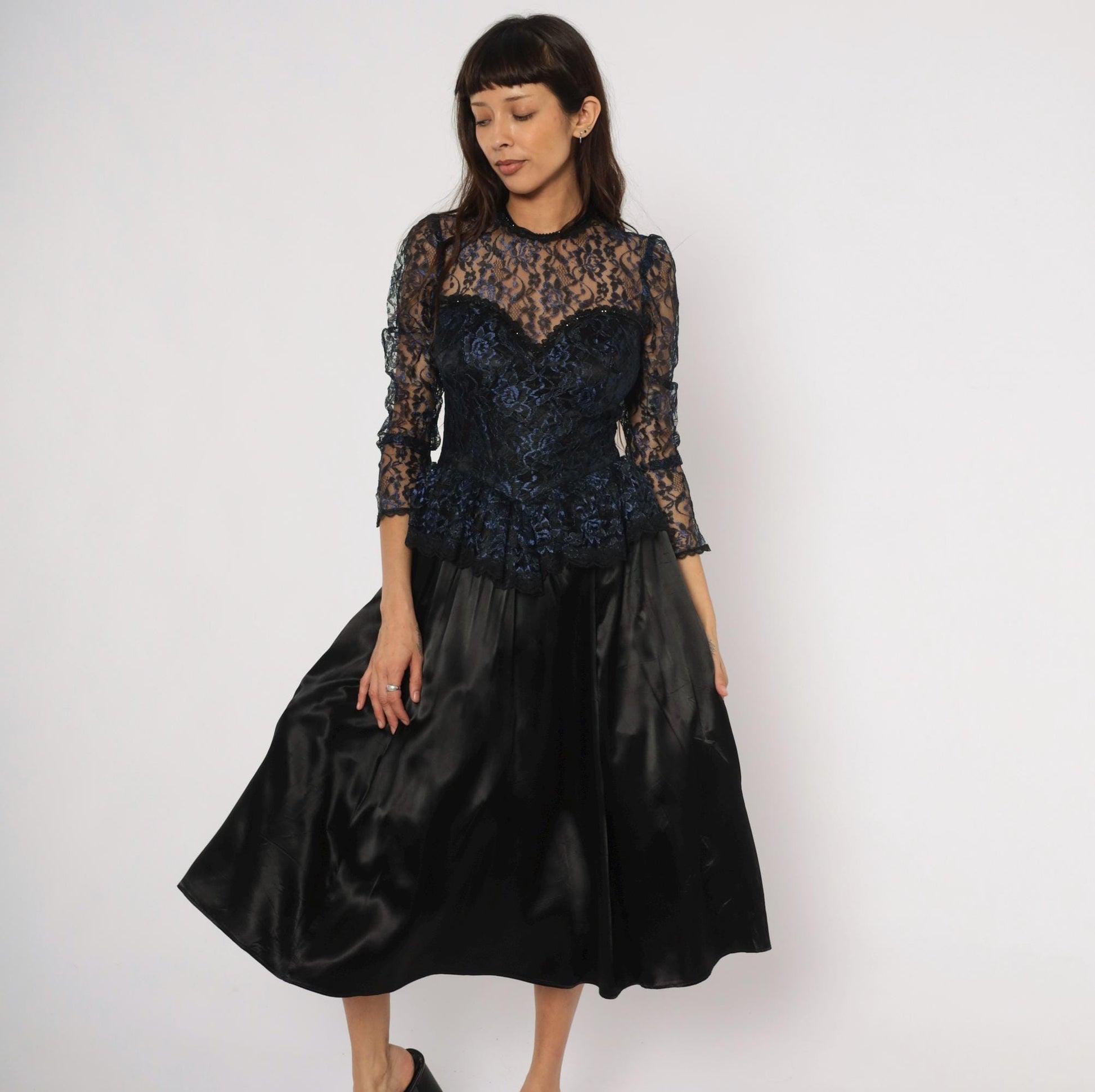 80s Gunne Sax Black Navy Floral Lace Peplum Sweetheart Gown Medium M