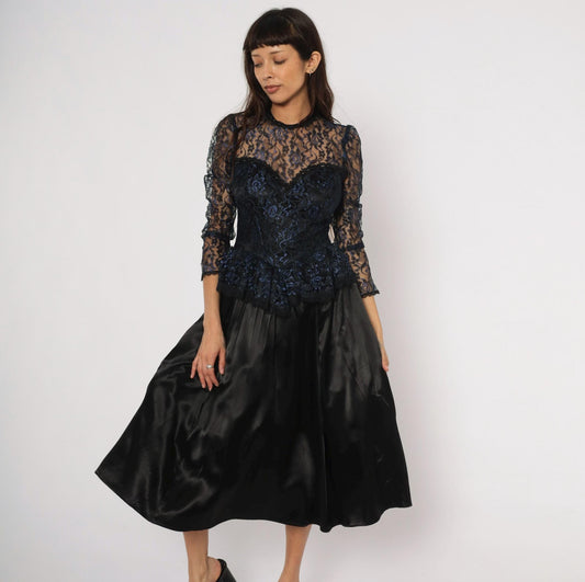 80s Gunne Sax Black Navy Floral Lace Peplum Sweetheart Gown Medium M