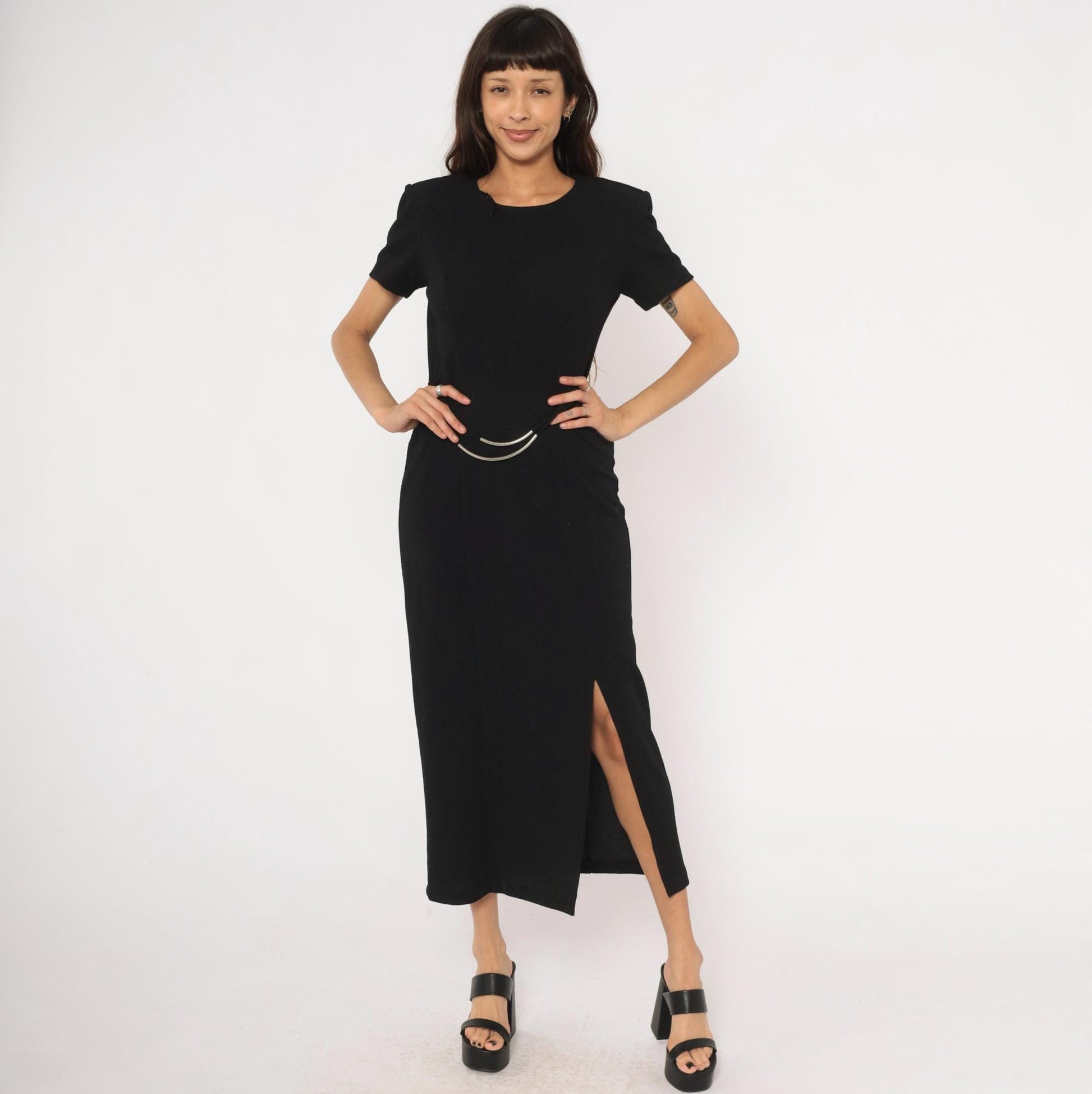 90s Scarlett Black Maxi Dress Silver Metal Waist Accents Short Sleeve Small