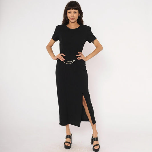 90s Scarlett Black Maxi Dress Silver Metal Waist Accents Short Sleeve Small