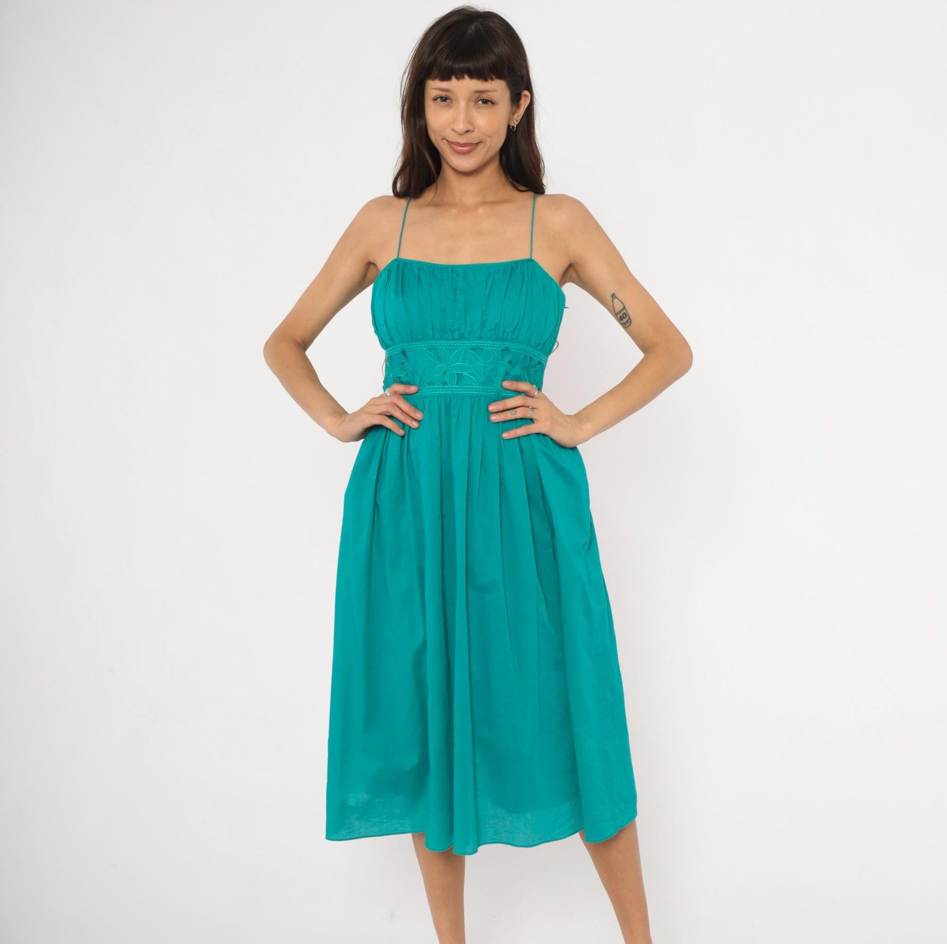 90s Jessica Howard Teal Midi Sundress Embroidered Eyelet Cotton Small