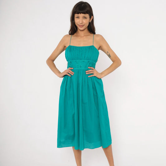 90s Jessica Howard Teal Midi Sundress Embroidered Eyelet Cotton Small