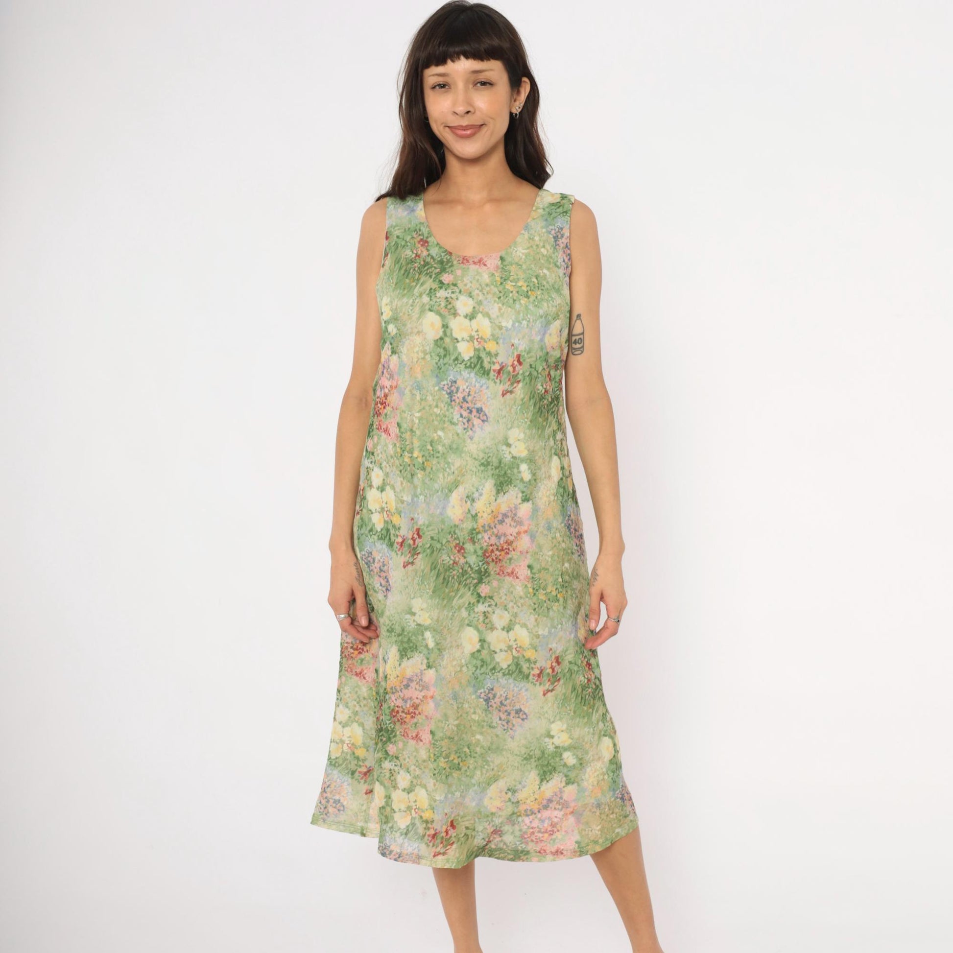 90s K Studio Floral Midi Dress Impressionist Garden Print Green Pink Extra Large