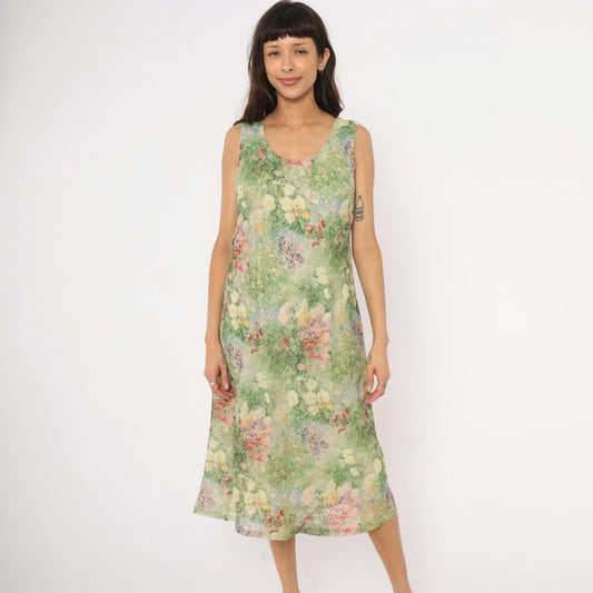 90s K Studio Floral Midi Dress Impressionist Garden Print Green Pink Extra Large