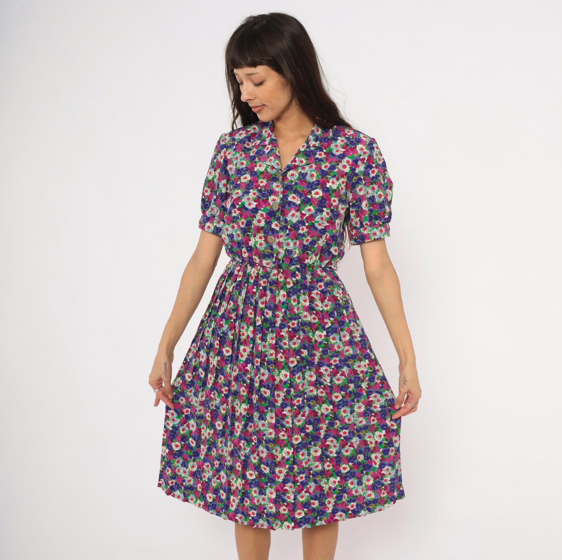 80s Winning Ticket Floral Shirtdress Purple Garden Print Puff Sleeve Small