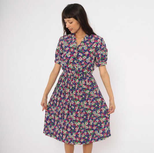 80s Winning Ticket Floral Shirtdress Purple Garden Print Puff Sleeve Small