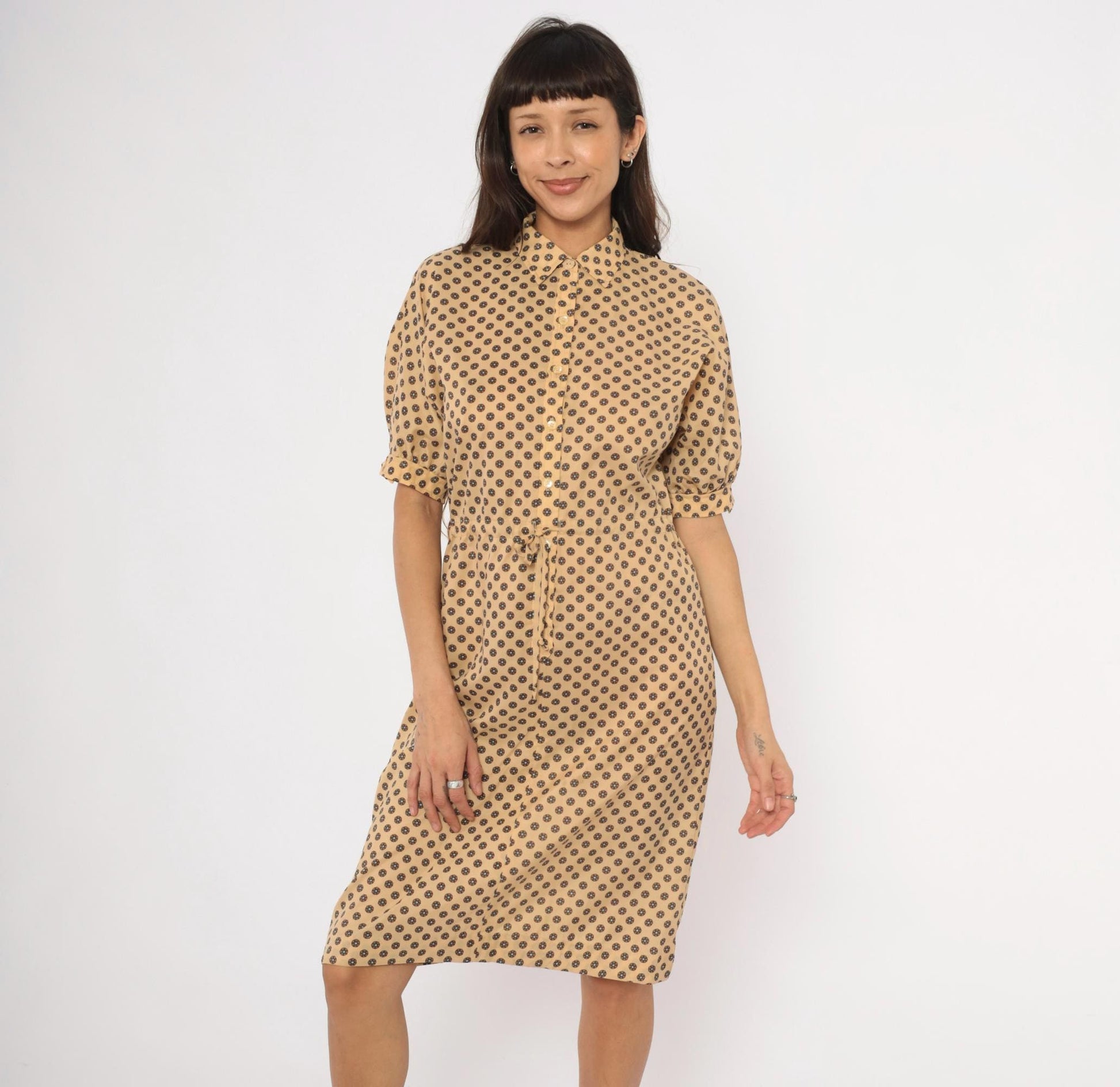 80s Kevin Stuart Petites Medallion Floral Shirtdress Tan Medium M