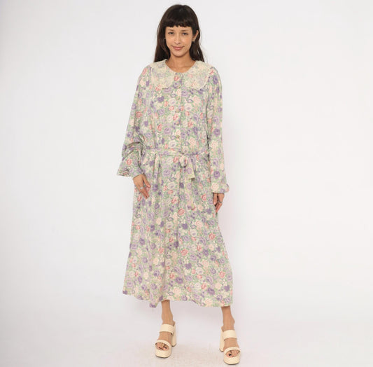 90s J Jill Floral Maxi Dress Lace Peter Pan Collar Plus Size XXL