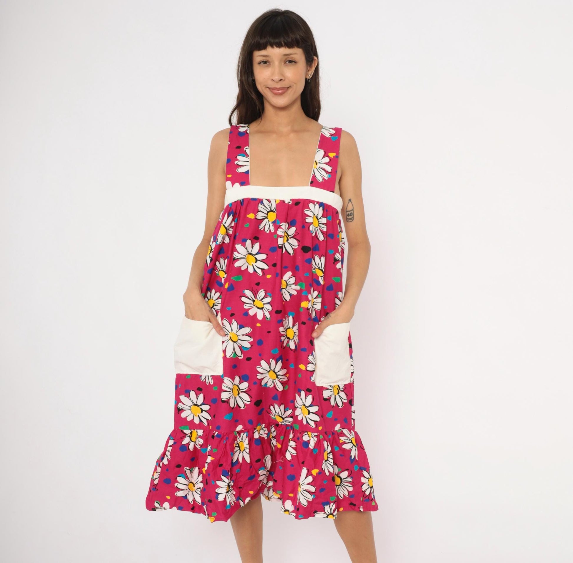 90s Fuchsia Daisy Print Cotton Sundress Square Neck Ruffle Pockets Small