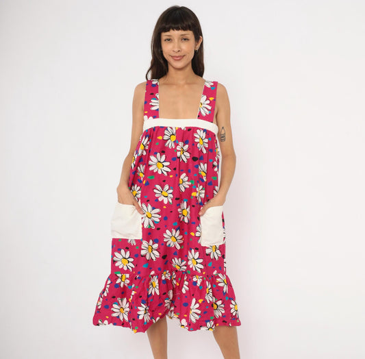 90s Fuchsia Daisy Print Cotton Sundress Square Neck Ruffle Pockets Small