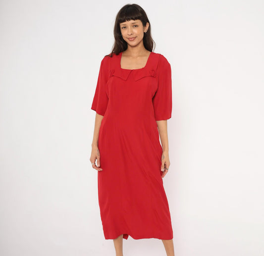 90s Atina Crimson Midi Dress Square Neckline Rosette Half Sleeve Large L