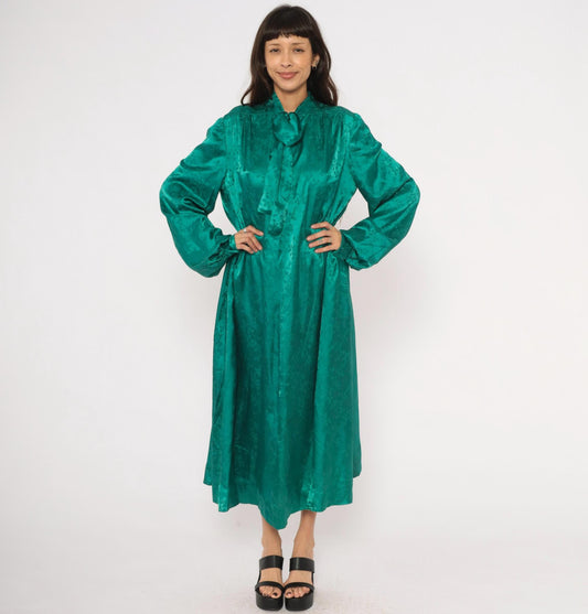 90s Teal Jacquard Maxi Dress Pussy Bow Balloon Sleeve Damask Emerald Extra Large