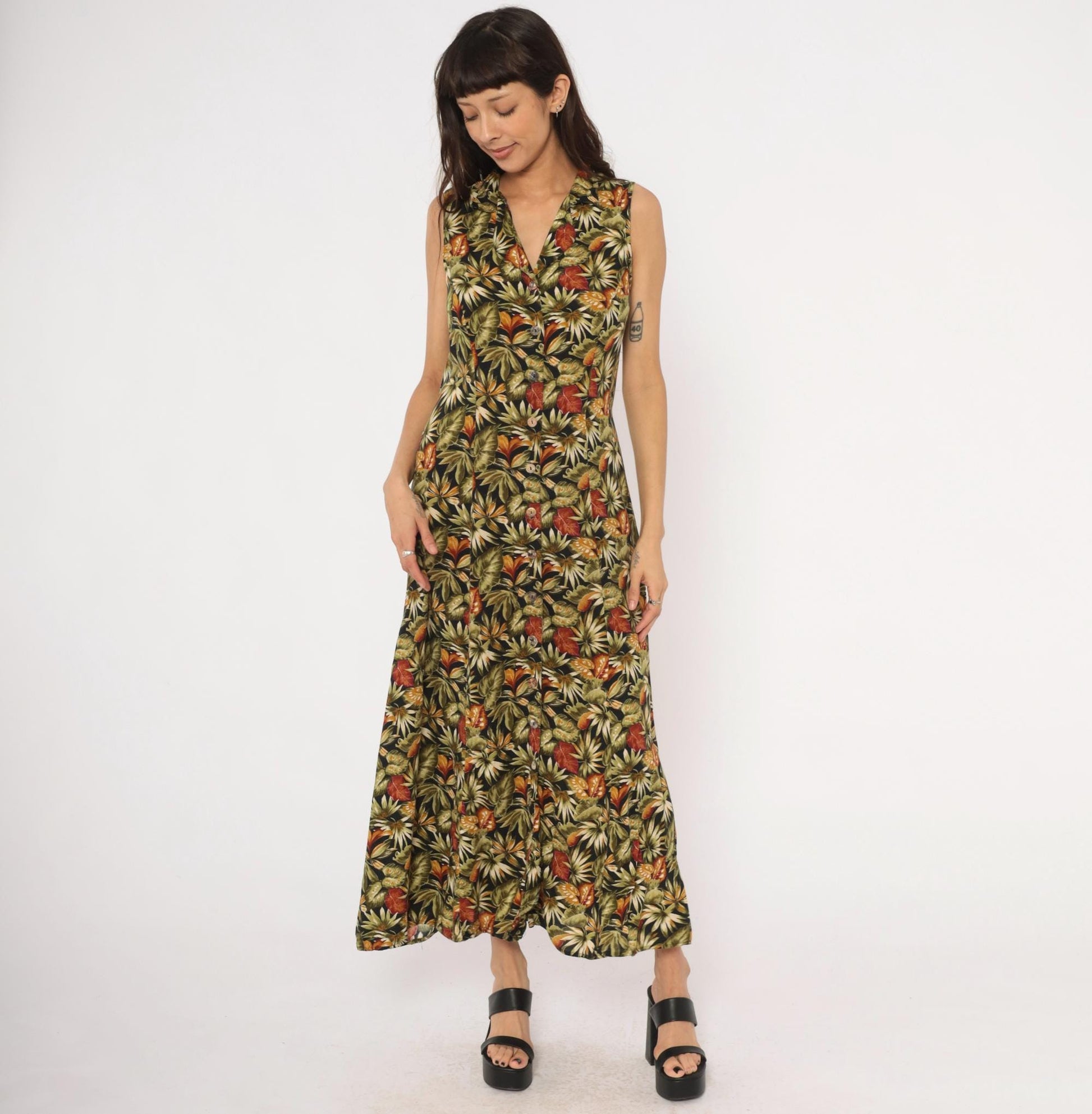 90s Teddi Tropical Leaf Maxi Dress Sleeveless Olive Green Medium M