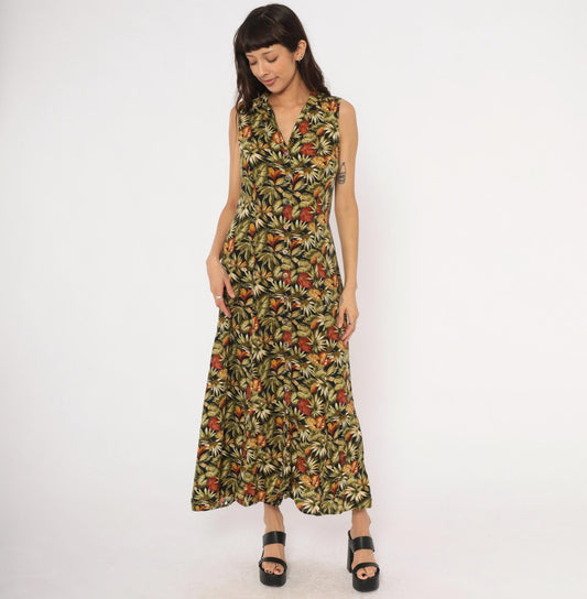 90s Teddi Tropical Leaf Maxi Dress Sleeveless Olive Green Medium M