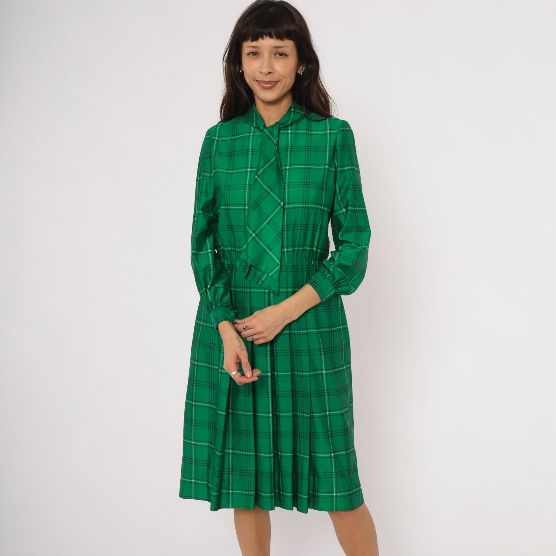 70s Nat Kap Lan Emerald Plaid Dress Pussy Bow Knee-Length Medium M