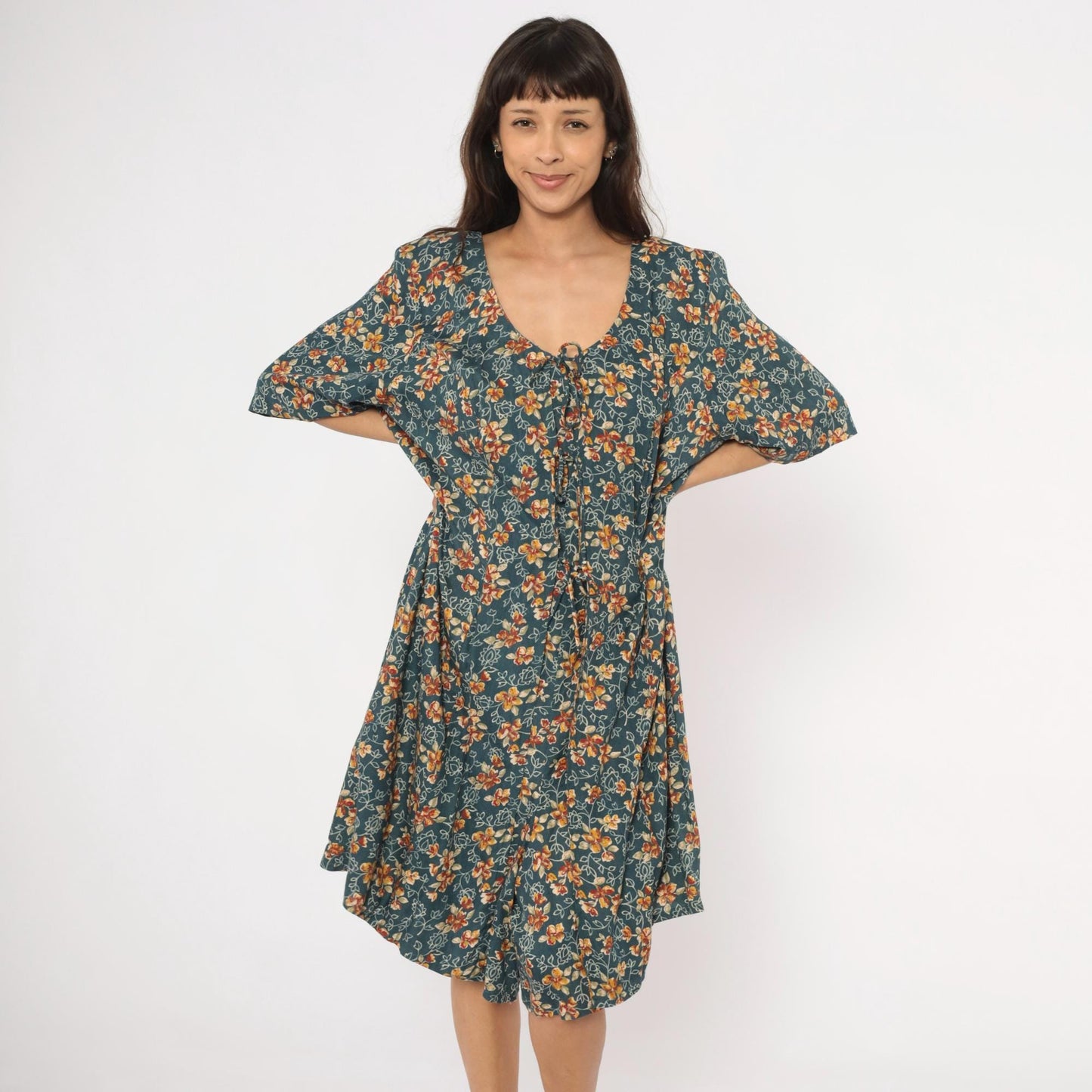 90s The Avenue Floral Midi Dress Teal Orange Flutter Sleeve Tie Front XXL