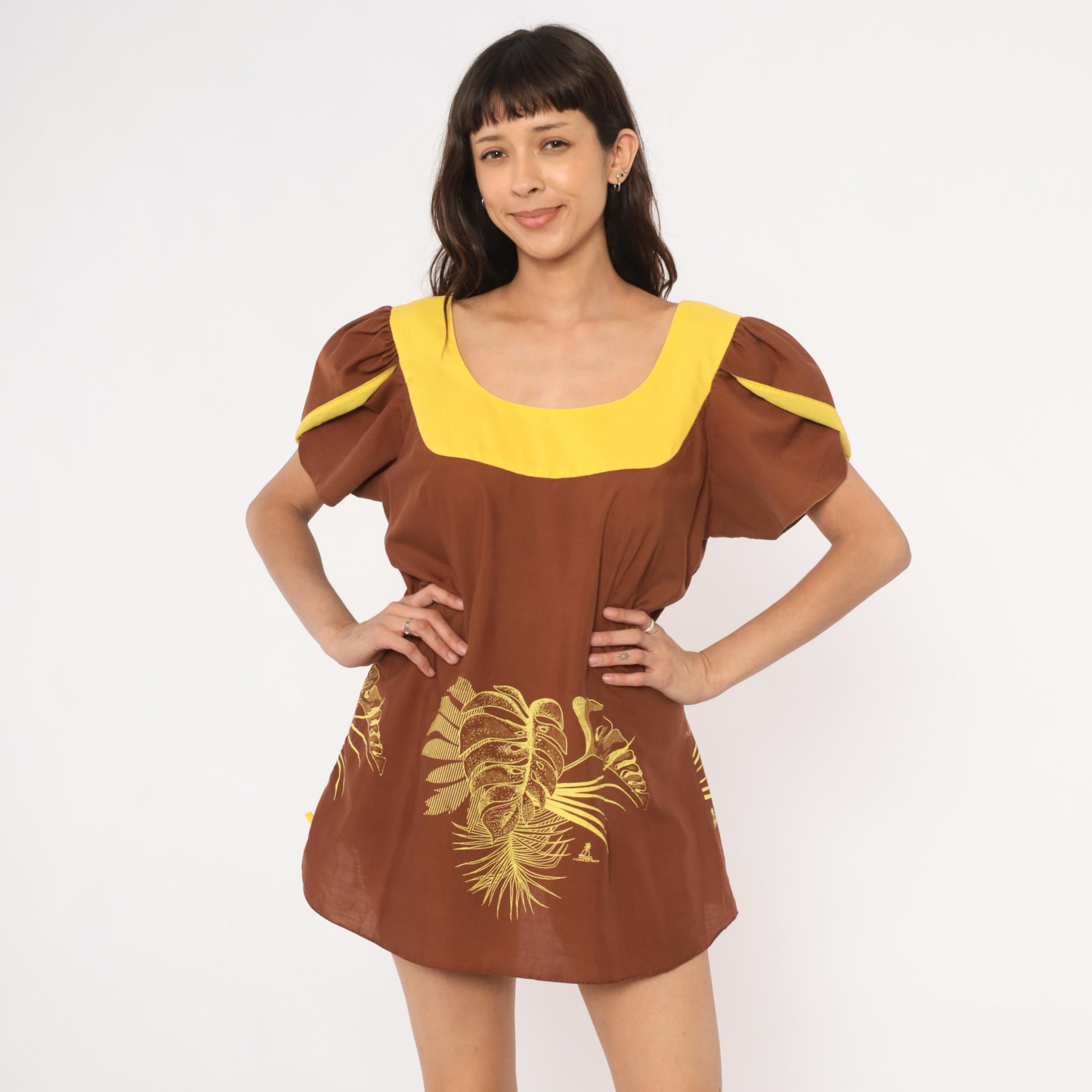 70s Tropical Monstera Puff Sleeve Mini Dress Brown Gold Small S