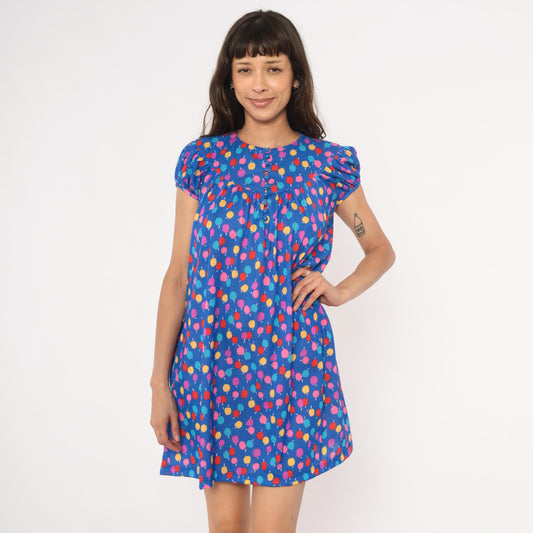 80s Lanz Originals Apple Print Babydoll Dress Blue Puff Sleeve Mini Small S
