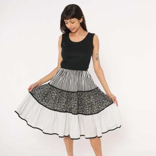 80s Mixed Print Tiered Sundress Black White Floral Striped Polka Dot Medium