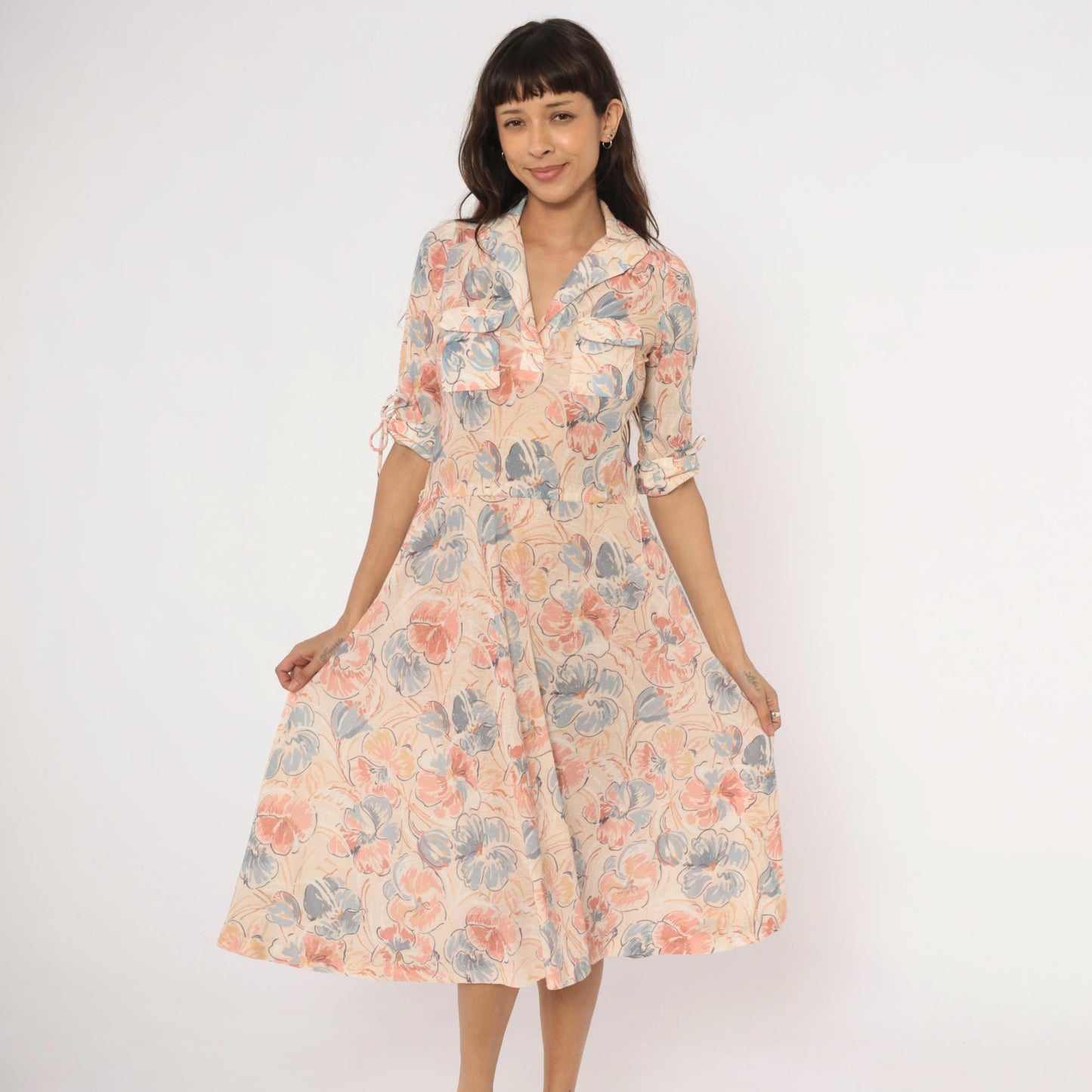 80s Watercolor Floral Midi Dress Notched Collar Tie Sleeve Cream Blush Small