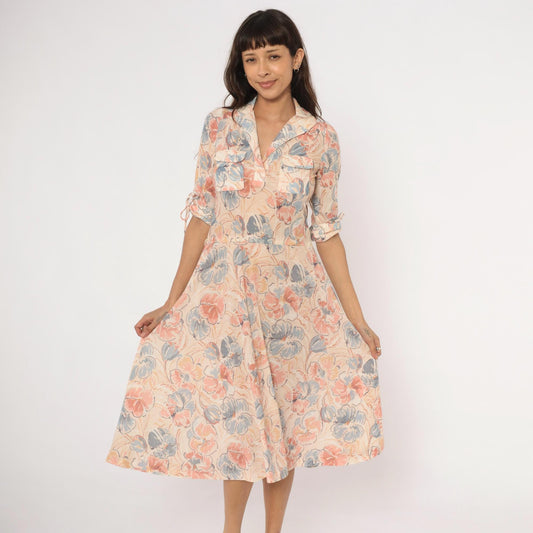 80s Watercolor Floral Midi Dress Notched Collar Tie Sleeve Cream Blush Small