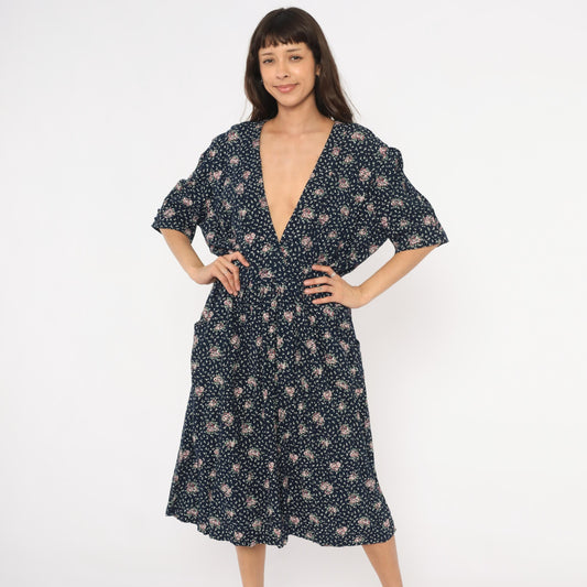 90s Navy Floral Midi Dress Pink Rose Print Deep V Neck Short Sleeve XL