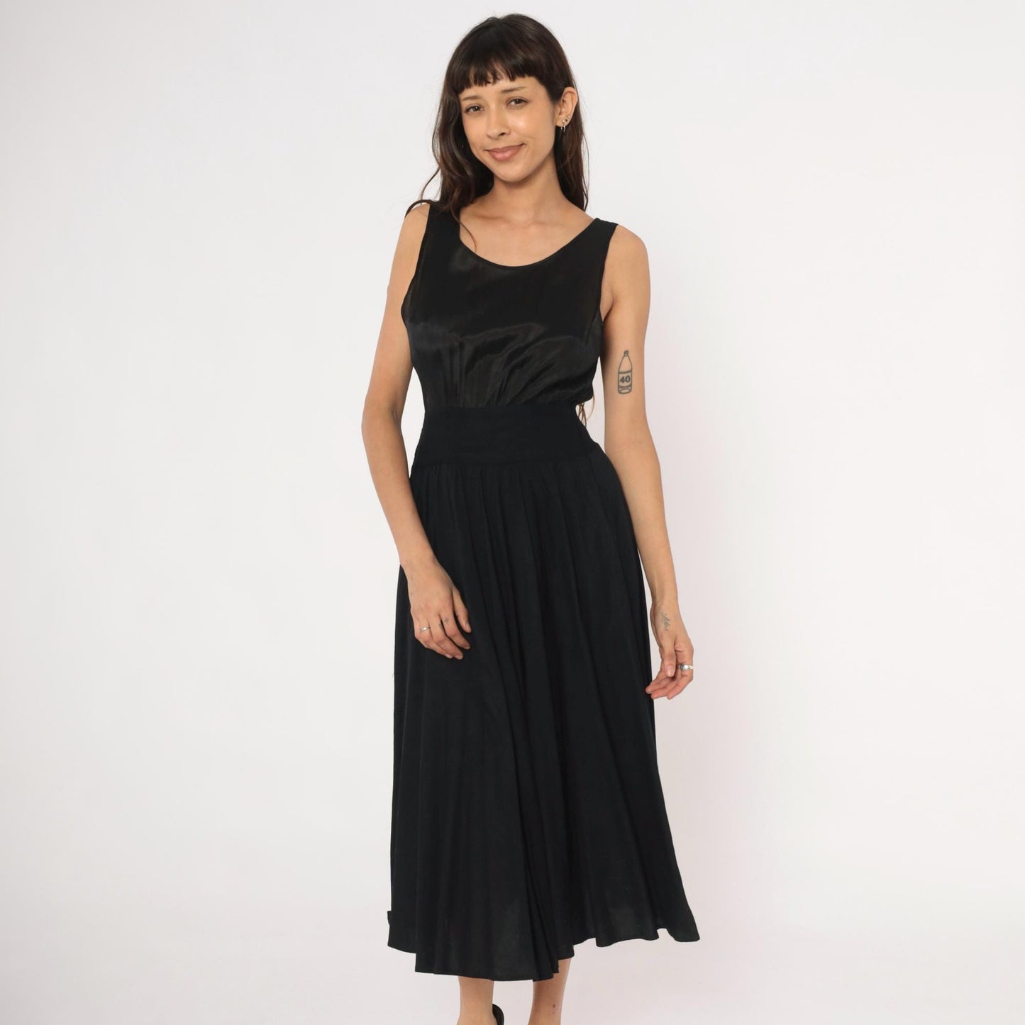 90s Black Satin Bodice Midi Dress Sleeveless Scoop Neck Flared Skirt Small