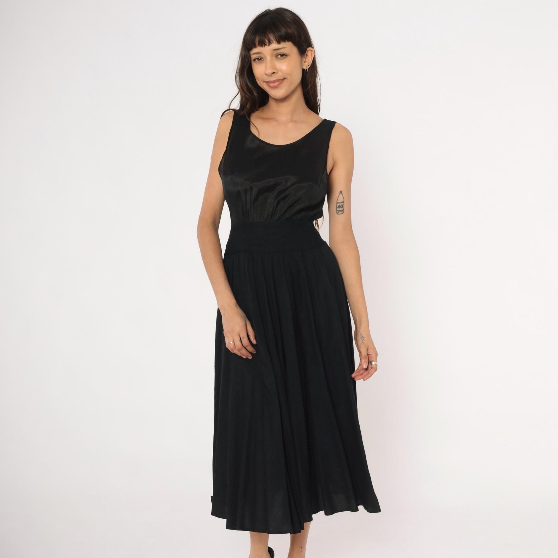 90s Black Satin Bodice Midi Dress Sleeveless Scoop Neck Flared Skirt Small