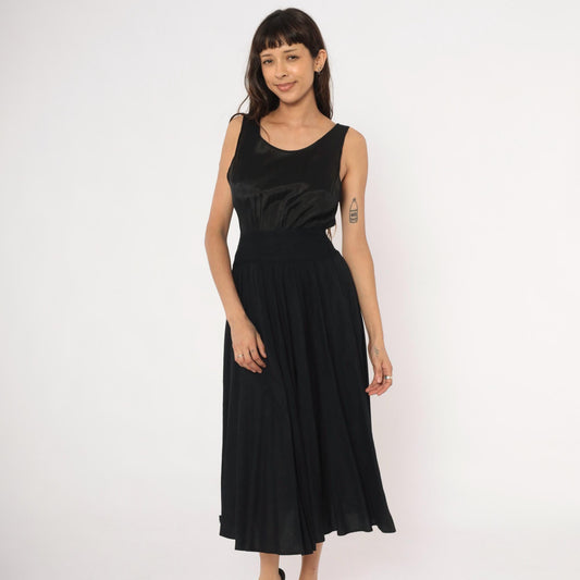 90s Black Satin Bodice Midi Dress Sleeveless Scoop Neck Flared Skirt Small