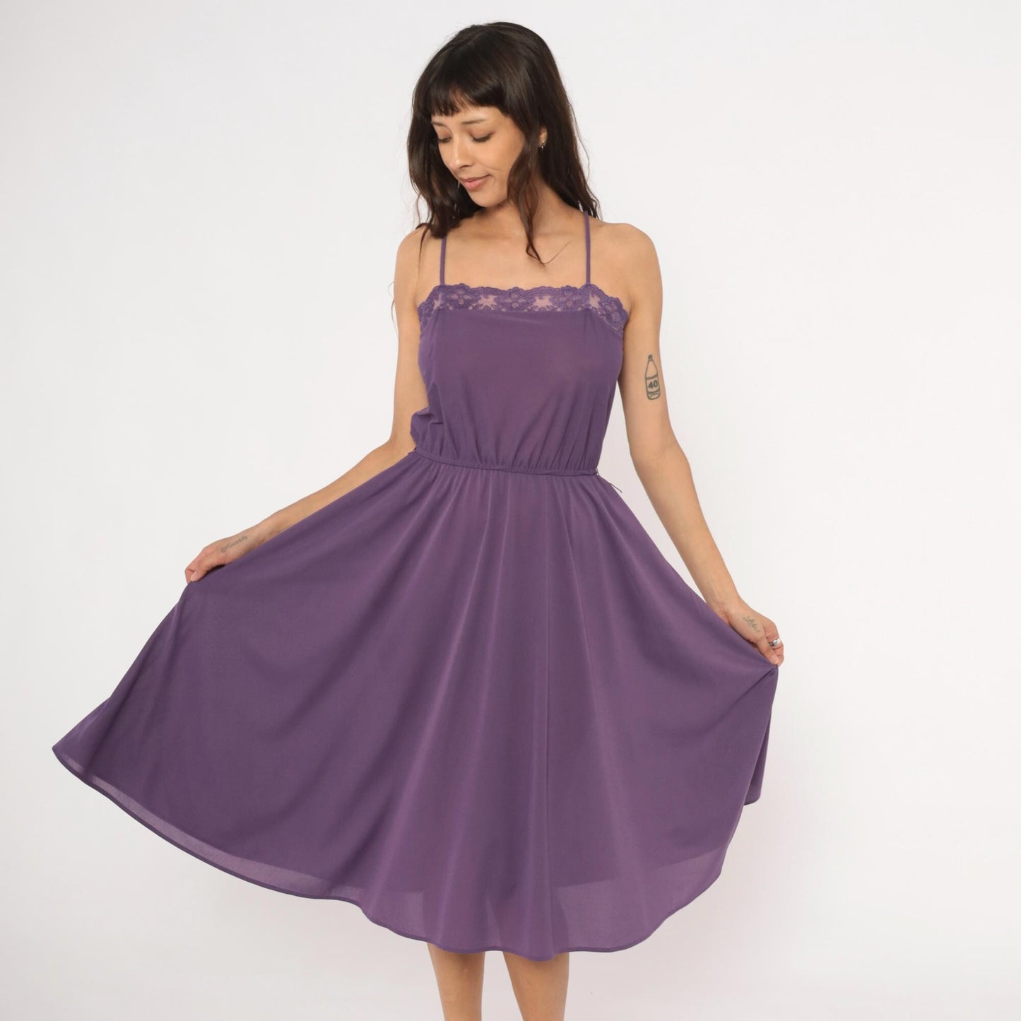 70s Purple Spaghetti Strap Dress Lace Trim Knee Length A-Line Small