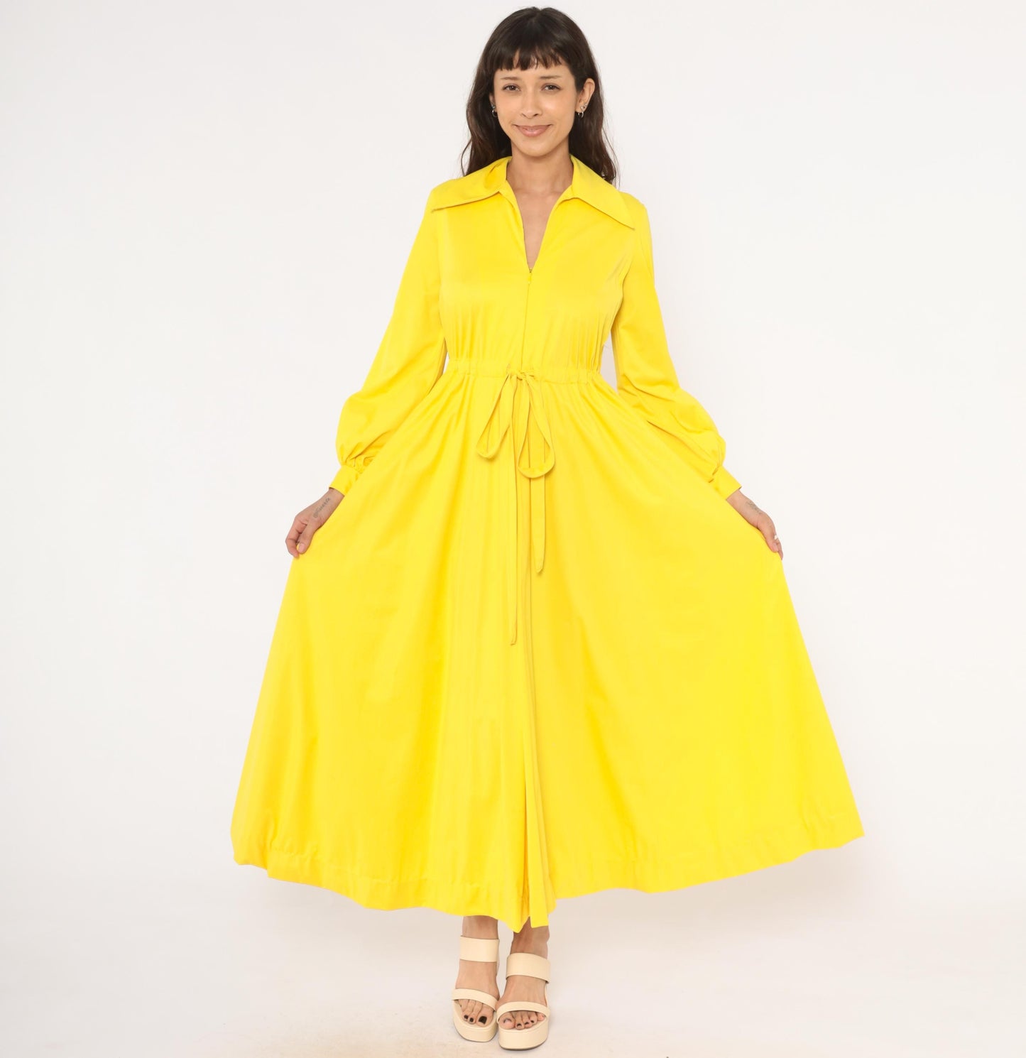 70s Vanity Fair Yellow Maxi Dress Balloon Sleeve Zip Front Gathered Skirt Medium