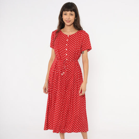 80s Sarah Elizabeth Red Heart Print Midi Dress Button Front Scoop Neck Medium M