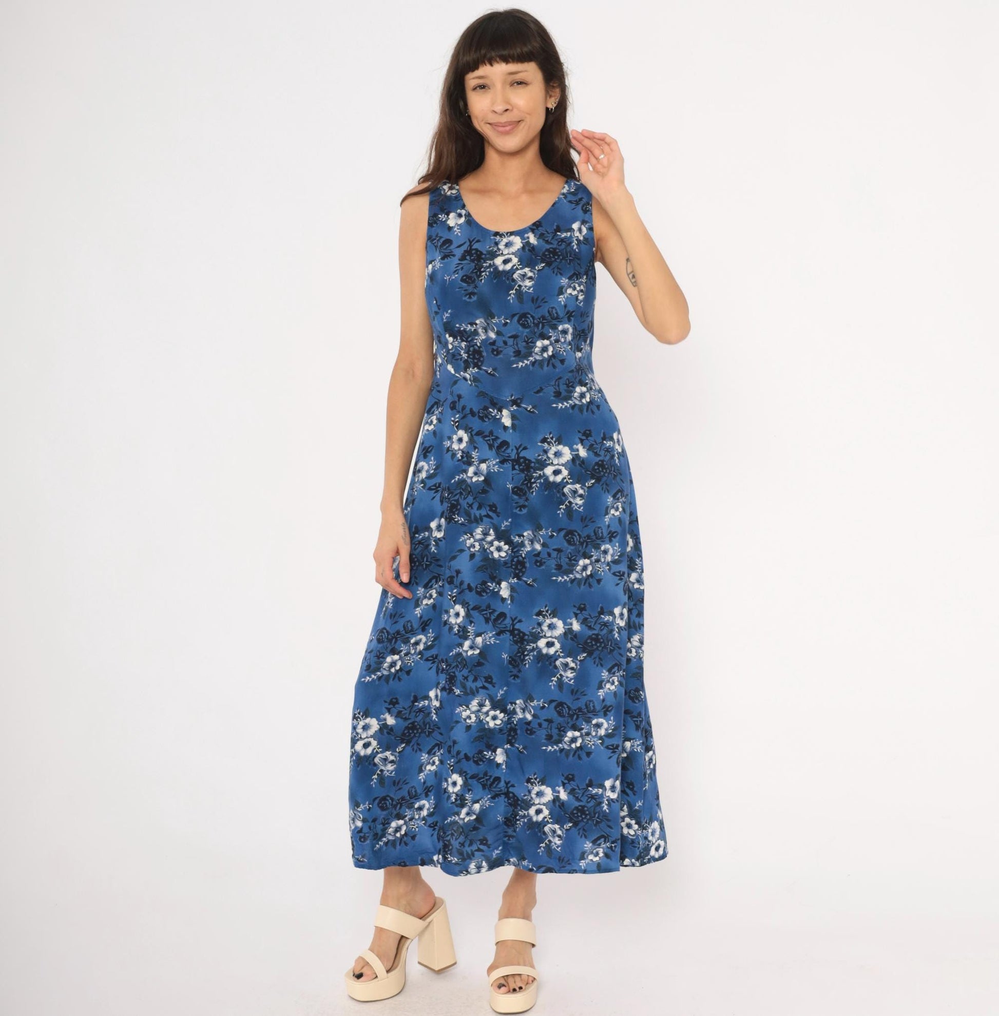 90s Molly Malloy Blue Floral Maxi Dress Sleeveless A-Line Small