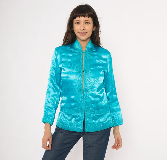80s Peony Turquoise Silk Jacket Mandarin Collar Frog Button Floral Brocade Small S
