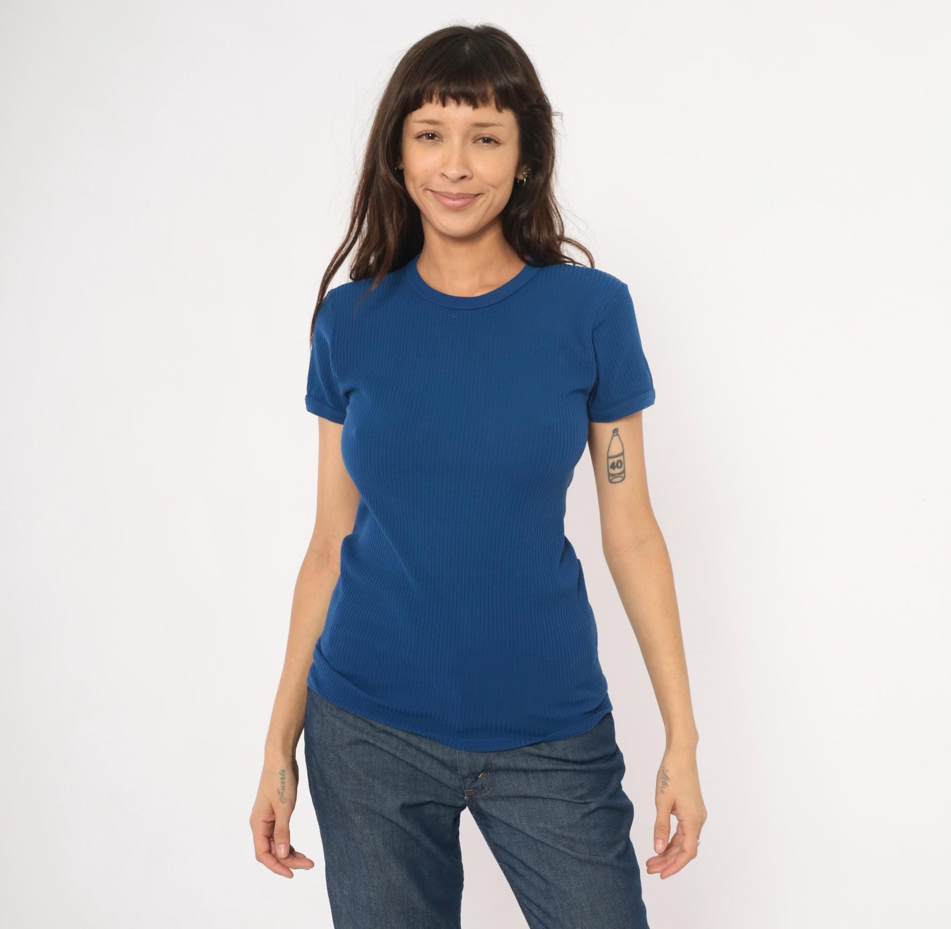 70s St Michaels Cobalt Ribbed Knit Crew Neck Tee Short Sleeve Small Medium