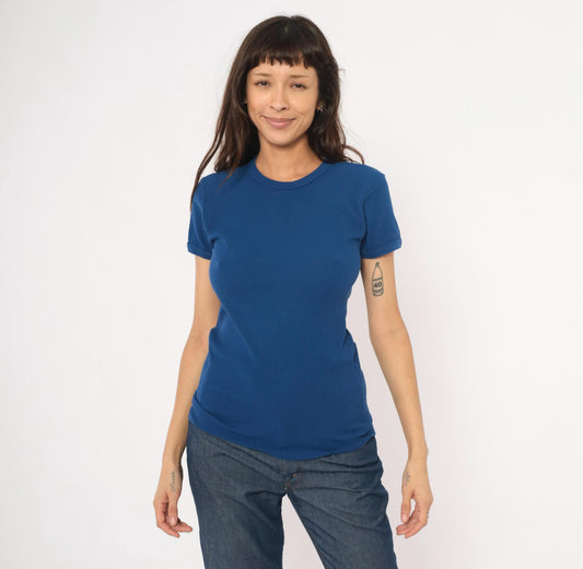 70s St Michaels Cobalt Ribbed Knit Crew Neck Tee Short Sleeve Small Medium