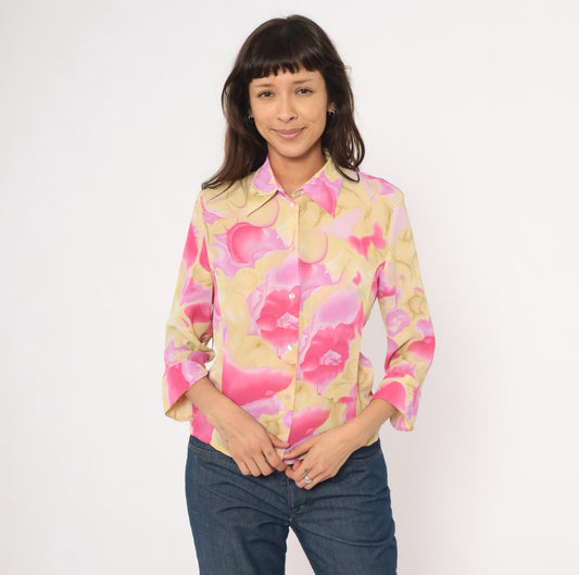 90s Caviar Watercolor Floral Sheer Blouse Pink Pointed Collar Small