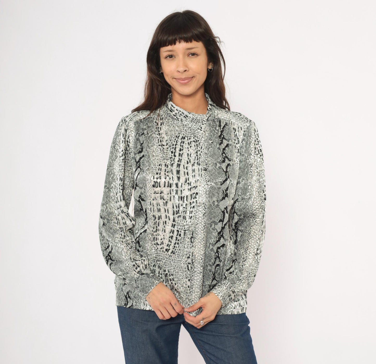 90s Tess Snakeskin Print Blouse Silver Grey Python Reptile Medium M