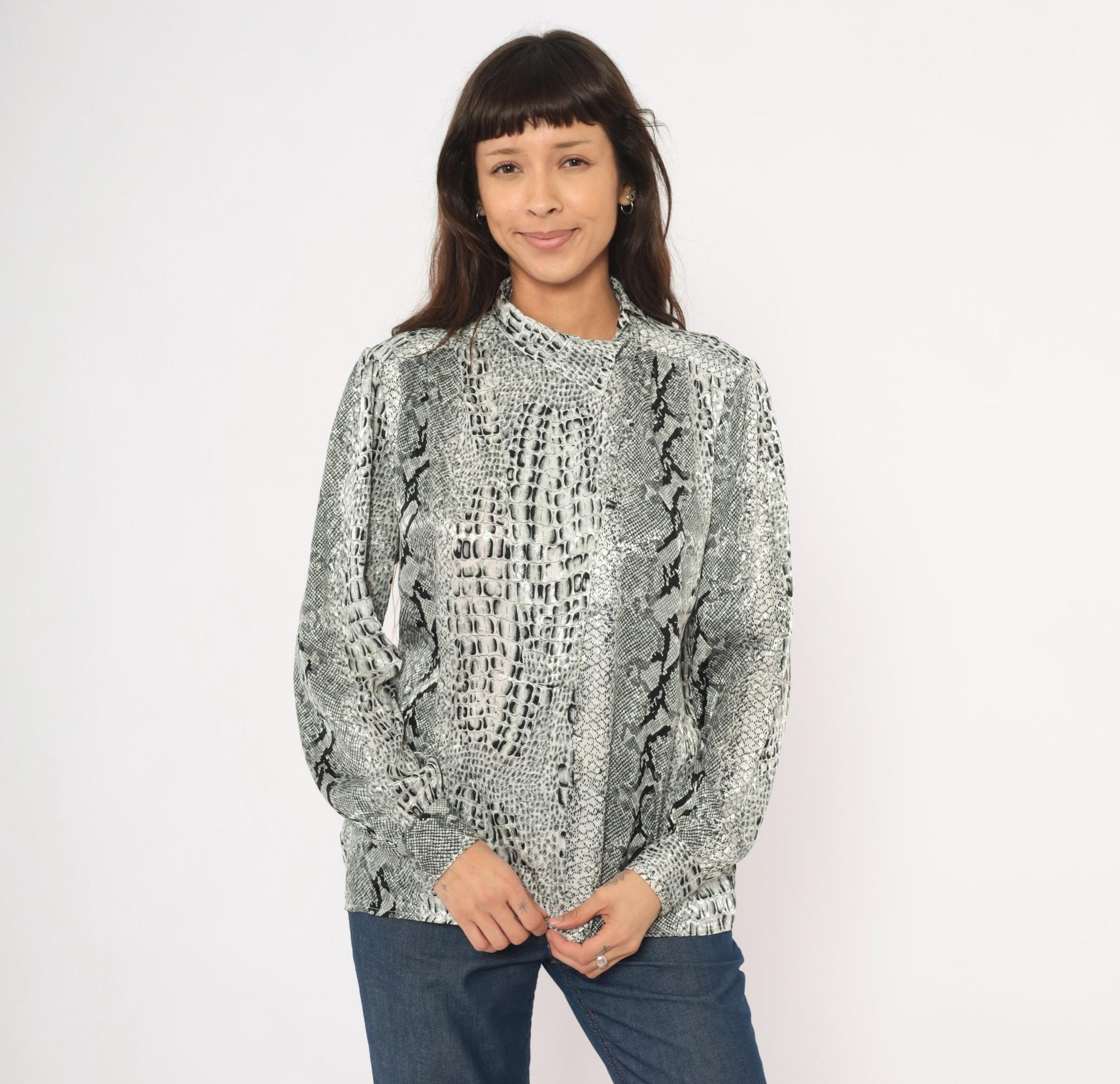 90s Tess Snakeskin Print Blouse Silver Grey Python Reptile Medium M