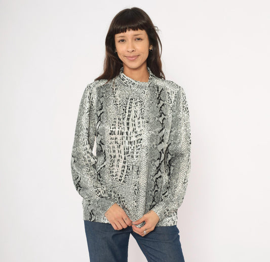 90s Tess Snakeskin Print Blouse Silver Grey Python Reptile Medium M