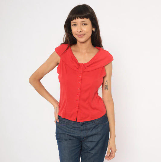 90s Dirty Dancing Red Button Front Blouse Cowl Neck Cap Sleeve Fitted Large L
